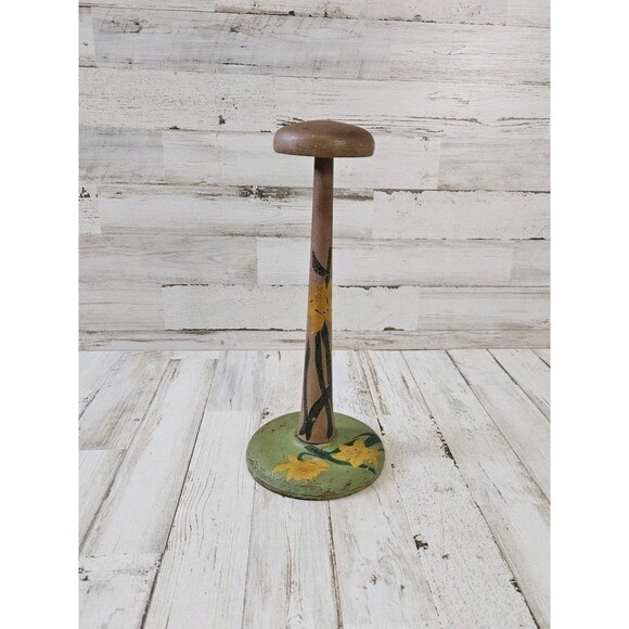 Vintage Yellow Floral Hand Painted Wooden Hat Stand Display Euro Farmhouse 10.5\